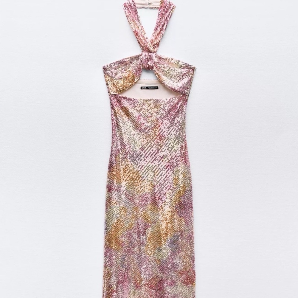 Zara Halter Pink and Gold Sequin Midi Dress